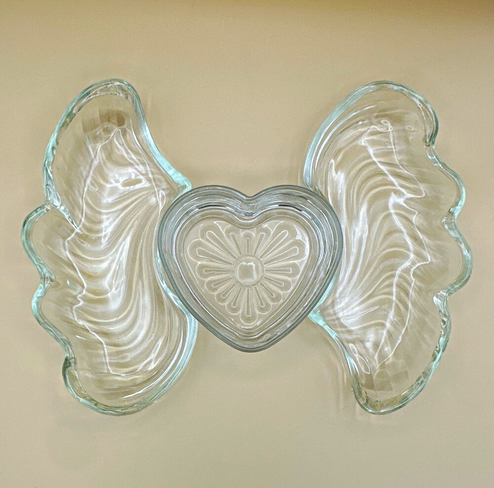 Vintage Glass Angel Wings & Heart 3-Piece Candy Dish Set Valentine Vanity Tray